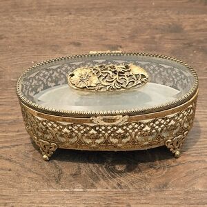 Vintage Ormolu Filigree Metal Beveled Glass Jewelry Box, Trinket Box